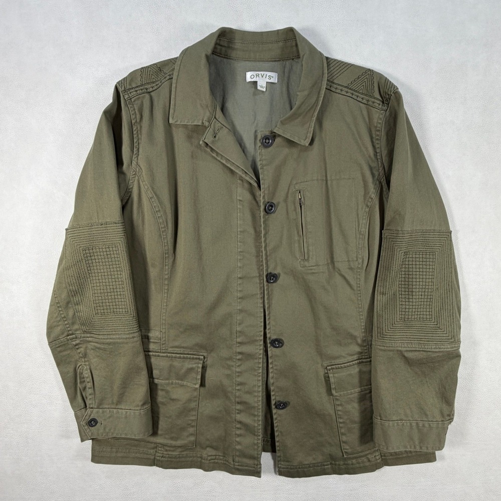 Orvis Womens Large Olive Green Utility Field Jacket Embroidered Cotton Twill